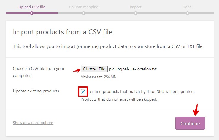 PickingPal warehouse location import. Step 1 - choose file
