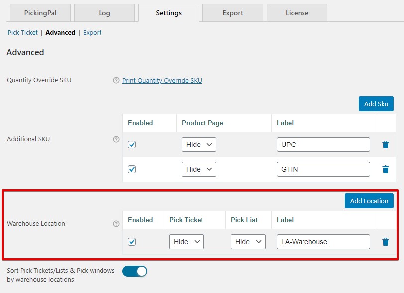 PickingPal Settings > Advanced. Configure warehouse location